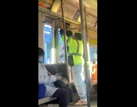 Collab Subway Creatures - Guy riding train points both middle fingers 