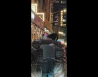 Two men push cart heavy things and cats on the top 