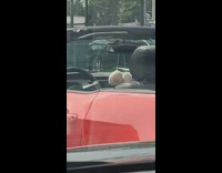 Red convertible car has plush toy boobs hanging on back mirror