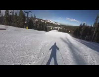 Skier jumps off ramp and falls down, POV camera