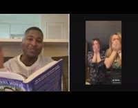 Girl screams and cries at guy reading purple book