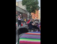 Old woman hold dog street live band part 2