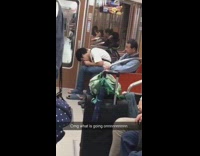 Guy takes off sandals and bites toenails on subway train