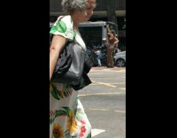 Lady Holds Up Arm on Intersection Splitter Island