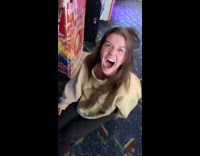 Girl run and punch bag falls down