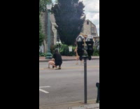 Woman in yellow poses with her dog in the middle of the street 