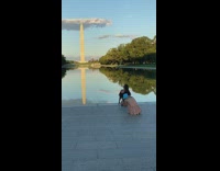 Black shirt girl sits poses washington monument 