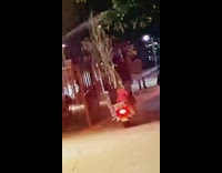 Two people on small scooter carry plants