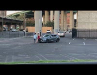 Woman red sexy dress sit grey car