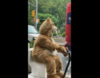 Charmin Bear mascot drives motorized toilet down the sidewalk