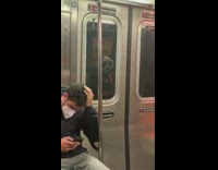 Guy panda mascot costume mask subway reflection