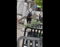 Guy look at phone walk street hit fallen fence