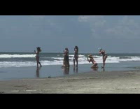 Six girls beach shore black floppy hat