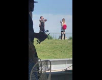 Guy face mask red bag park tent