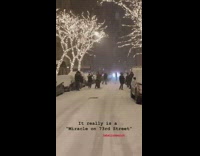 People stand around outside while it snows 