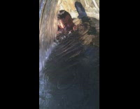 guy swimming in water and opens mouth near waterwall