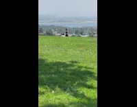 Black dress girl grass hill city view 