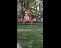 Pink crop top shirt pants girl grass 