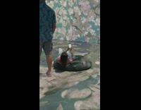 Woman lay on pillow moving flower art on wall