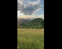 Mountain grass sun behind clouds birds chirp