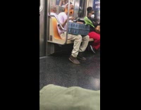 Purple shirt guy green bird subway train 