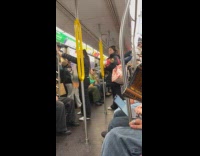 Woman stand in train hold sleeping dog