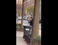 Man rides bike holds metal bed frame