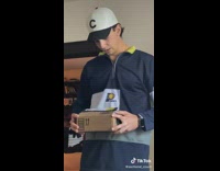 Skit guy opens amazon box and red and blue lights flash