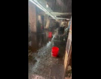 Collab WINY - Wet floor sign red bucket at flooded subway