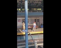 Denim skirt girl train station yellow dress 