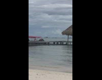 Two women in a bikini poses at the beach dock