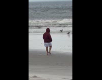 Person wear maroon hoodie unicorn mask beach