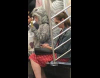 woman inside a grey squirrel costume on train