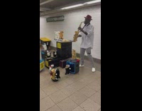 Guy plays saxophone with toy animals 