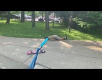 Guy gets hit in the balls with Pickle rick skateboard after he jumps off ledge at skatepark