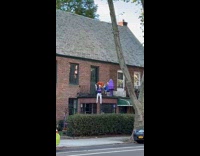 Random person wears grimace costume on balcony