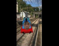 Collab KaleSaladIG - Guy edits face into Thomas the train and goes choo choo on train track