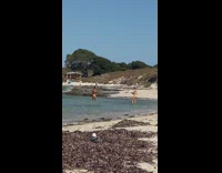 Girl orange yellow bikini beach seaweed bird