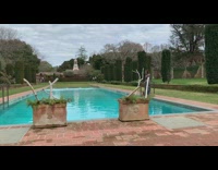 Woman floral dress garden pool tall shrubs