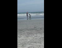 Woman white bikini kneels at the beach for photo shoot