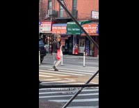 Man with dog on shoulder cross street