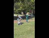 Girl in blue has pictures taken in park
