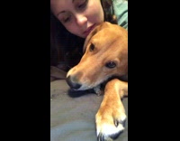 Girl hugging brown dog telling her she loves it as it chews on toy bone