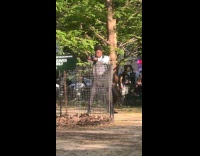 Man wears polo sword fighting at park