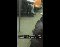 Woman sets up small dining table on subway train