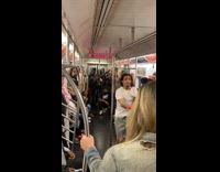 Collab Subway Creatures - Man do acrobatics hangs on subway train handrails