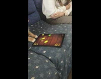 Orange cat playing fruit ninja on ipad 