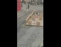 Woman in a brown coat poses on the wood platform