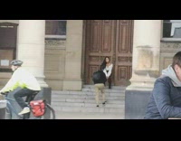 Woman white top maroon pants stairs pictorial