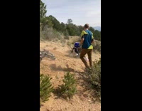 Blue helmet guy falls off bicycle rolls 
